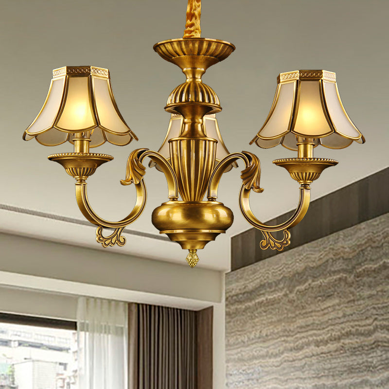 3/8 Lights Suspension Lighting Colonial Flared Frosted Glass Chandelier Pendant Lamp in Gold Clearhalo 'Ceiling Lights' 'Chandeliers' 'Close To Ceiling Lights' 'Glass shade' 'Glass' Lighting' 282846