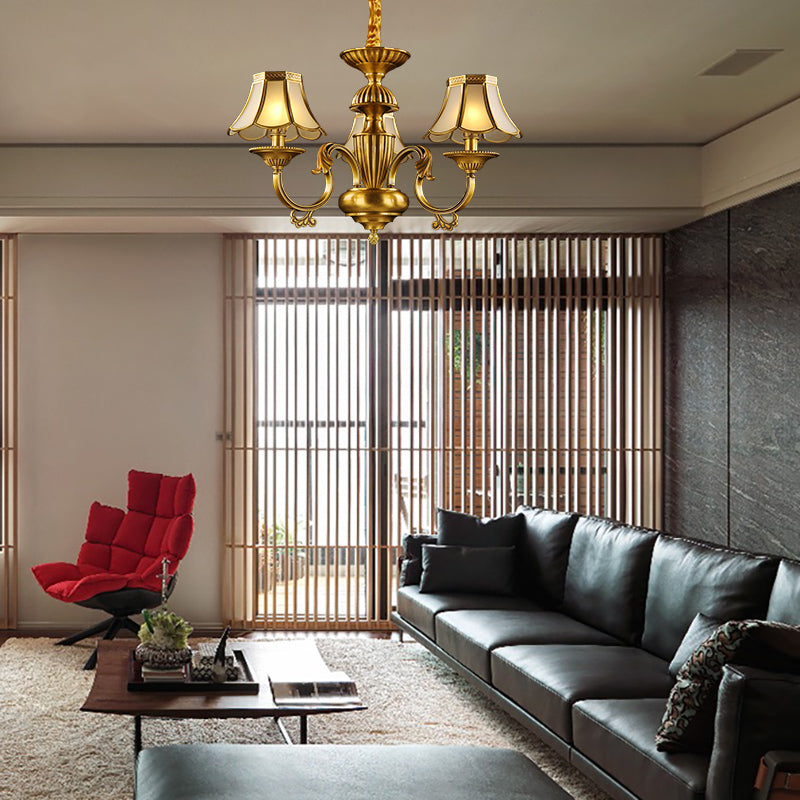 3/8 Lights Suspension Lighting Colonial Flared Frosted Glass Chandelier Pendant Lamp in Gold Clearhalo 'Ceiling Lights' 'Chandeliers' 'Close To Ceiling Lights' 'Glass shade' 'Glass' Lighting' 282847