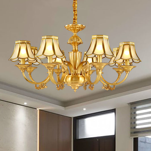3/8 Lights Suspension Lighting Colonial Flared Frosted Glass Chandelier Pendant Lamp in Gold 8 Gold Clearhalo 'Ceiling Lights' 'Chandeliers' 'Close To Ceiling Lights' 'Glass shade' 'Glass' Lighting' 282851