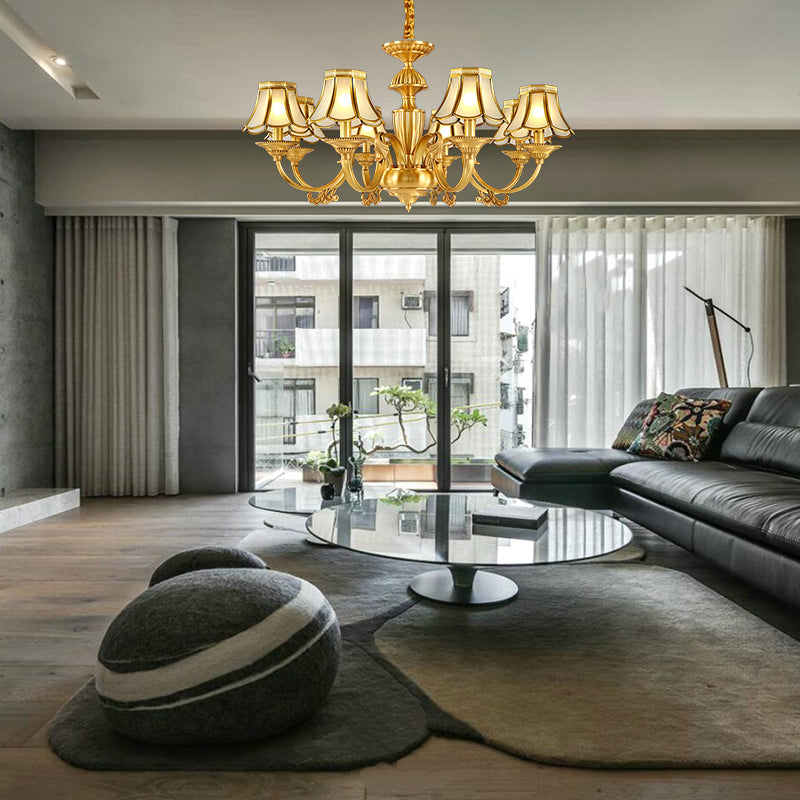 3/8 Lights Suspension Lighting Colonial Flared Frosted Glass Chandelier Pendant Lamp in Gold Clearhalo 'Ceiling Lights' 'Chandeliers' 'Close To Ceiling Lights' 'Glass shade' 'Glass' Lighting' 282852