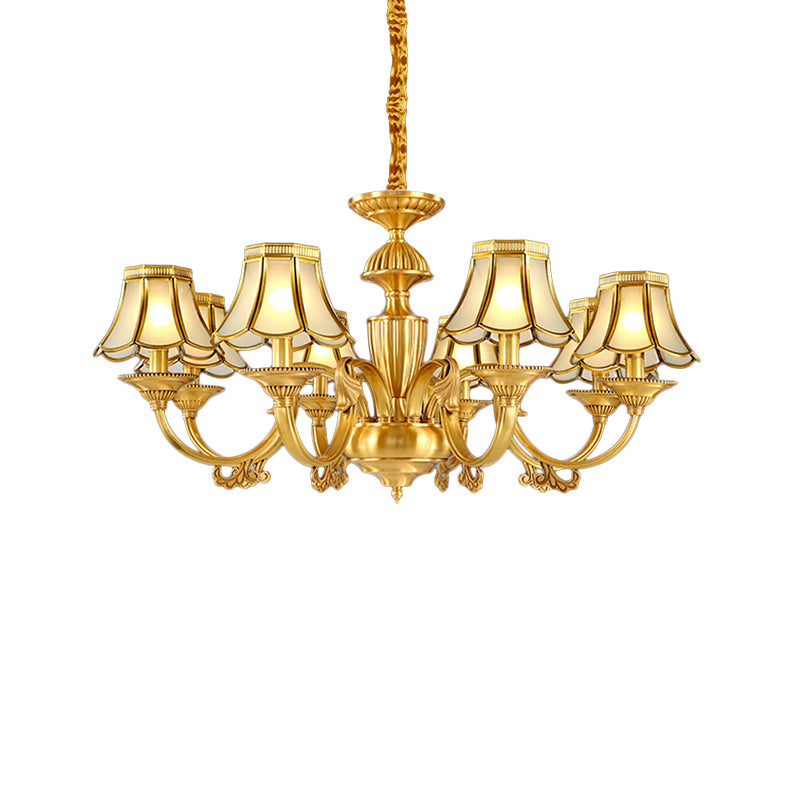 3/8 Lights Suspension Lighting Colonial Flared Frosted Glass Chandelier Pendant Lamp in Gold Clearhalo 'Ceiling Lights' 'Chandeliers' 'Close To Ceiling Lights' 'Glass shade' 'Glass' Lighting' 282853
