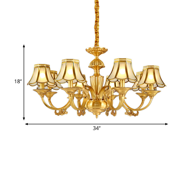 3/8 Lights Suspension Lighting Colonial Flared Frosted Glass Chandelier Pendant Lamp in Gold Clearhalo 'Ceiling Lights' 'Chandeliers' 'Close To Ceiling Lights' 'Glass shade' 'Glass' Lighting' 282854