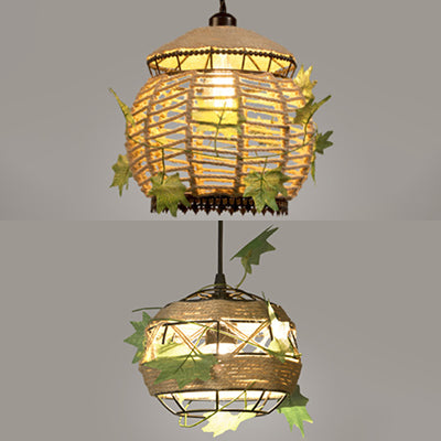6.5"/8.5" W Global Restaurant Hanging Ceiling Light Industrial Style Rope 1 Light Beige Pendant Lighting with Artificial Leaf Clearhalo 'Ceiling Lights' 'Industrial Pendants' 'Industrial' 'Middle Century Pendants' 'Pendant Lights' 'Pendants' 'Tiffany' Lighting' 28286