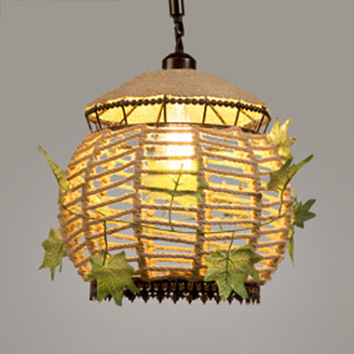 6.5"/8.5" W Global Restaurant Hanging Ceiling Light Industrial Style Rope 1 Light Beige Pendant Lighting with Artificial Leaf Beige 6.5" Clearhalo 'Ceiling Lights' 'Industrial Pendants' 'Industrial' 'Middle Century Pendants' 'Pendant Lights' 'Pendants' 'Tiffany' Lighting' 28287
