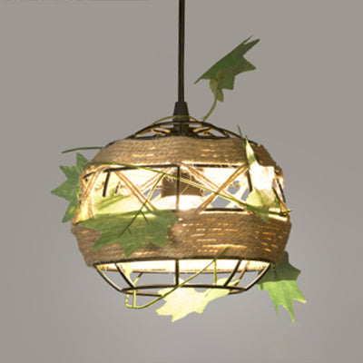 6.5"/8.5" W Global Restaurant Hanging Ceiling Light Industrial Style Rope 1 Light Beige Pendant Lighting with Artificial Leaf Beige 8.5" Clearhalo 'Ceiling Lights' 'Industrial Pendants' 'Industrial' 'Middle Century Pendants' 'Pendant Lights' 'Pendants' 'Tiffany' Lighting' 28290