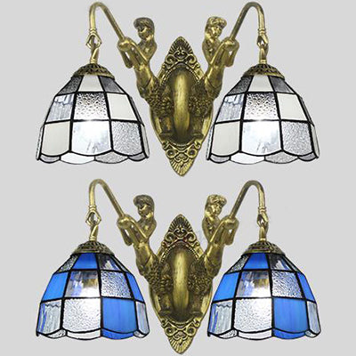 Tiffany Dome Wall Mounted Light 2 Heads White/Blue Glass Sconce Light for Corridor Clearhalo 'Industrial' 'Middle century wall lights' 'Tiffany wall lights' 'Tiffany' 'Wall Lamps & Sconces' 'Wall Lights' Lighting' 28292