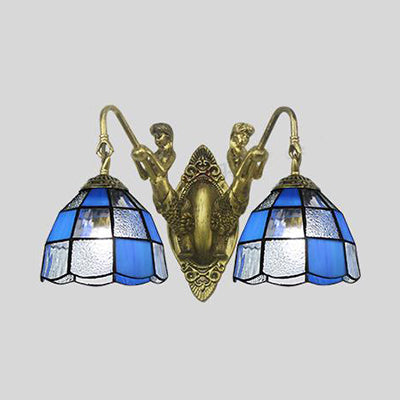 Tiffany Dome Wall Mounted Light 2 Heads White/Blue Glass Sconce Light for Corridor Blue Clearhalo 'Industrial' 'Middle century wall lights' 'Tiffany wall lights' 'Tiffany' 'Wall Lamps & Sconces' 'Wall Lights' Lighting' 28293