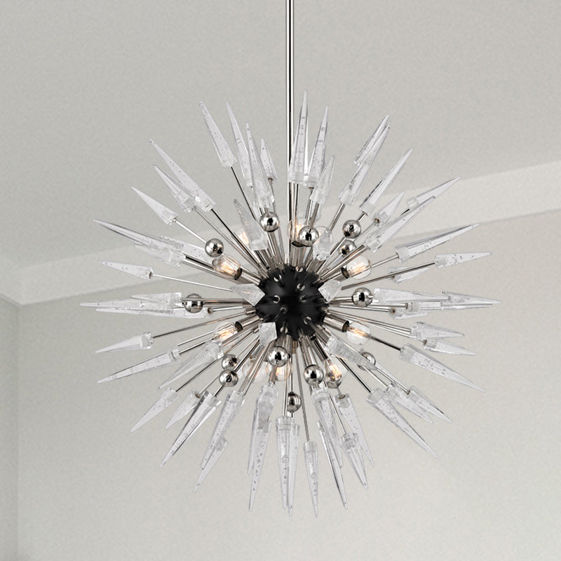 Clear Crystal Starburst Chandelier Lighting Modern 9 Lights Silver Hanging Pendant for Restaurant Clearhalo 'Ceiling Lights' 'Chandeliers' 'Modern Chandeliers' 'Modern' Lighting' 282939