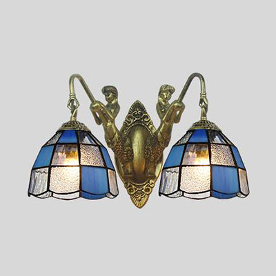 Tiffany Dome Wall Mounted Light 2 Heads White/Blue Glass Sconce Light for Corridor Clearhalo 'Industrial' 'Middle century wall lights' 'Tiffany wall lights' 'Tiffany' 'Wall Lamps & Sconces' 'Wall Lights' Lighting' 28294