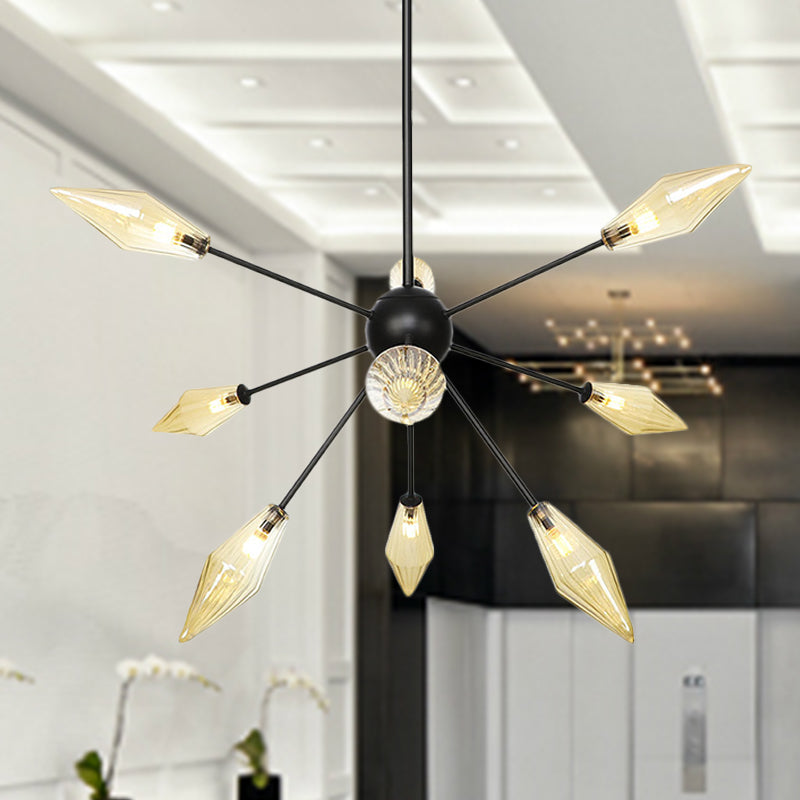 Diamond Shade Chandelier Light Fixture Mid-Century Amber/Clear Ribbed Glass 9/12/15 Lights Living Room Pendant Lighting Clearhalo 'Cast Iron' 'Ceiling Lights' 'Chandeliers' 'Clear' 'Industrial Chandeliers' 'Industrial' 'Metal' 'Middle Century Chandeliers' 'Modern' 'Rustic Chandeliers' 'Tiffany' 'Traditional Chandeliers' Lighting' 282944