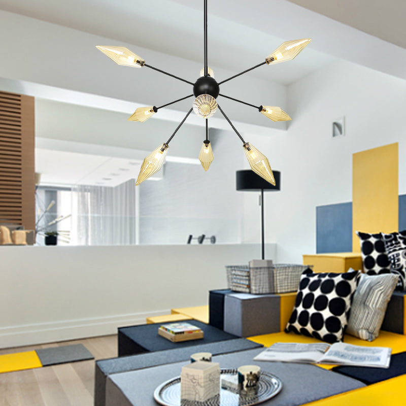 Diamond Shade Chandelier Light Fixture Mid-Century Amber/Clear Ribbed Glass 9/12/15 Lights Living Room Pendant Lighting Clearhalo 'Cast Iron' 'Ceiling Lights' 'Chandeliers' 'Clear' 'Industrial Chandeliers' 'Industrial' 'Metal' 'Middle Century Chandeliers' 'Modern' 'Rustic Chandeliers' 'Tiffany' 'Traditional Chandeliers' Lighting' 282945