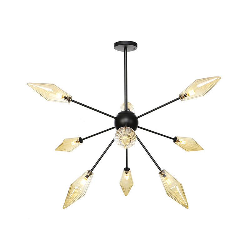 Diamond Shade Chandelier Light Fixture Mid-Century Amber/Clear Ribbed Glass 9/12/15 Lights Living Room Pendant Lighting Clearhalo 'Cast Iron' 'Ceiling Lights' 'Chandeliers' 'Clear' 'Industrial Chandeliers' 'Industrial' 'Metal' 'Middle Century Chandeliers' 'Modern' 'Rustic Chandeliers' 'Tiffany' 'Traditional Chandeliers' Lighting' 282946