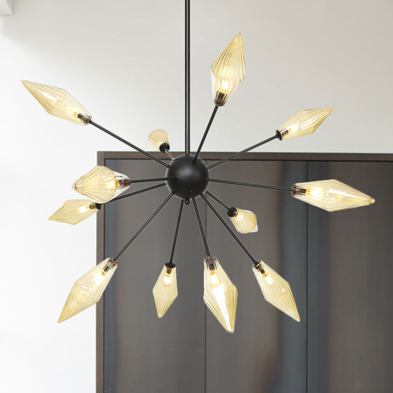 Diamond Shade Chandelier Light Fixture Mid-Century Amber/Clear Ribbed Glass 9/12/15 Lights Living Room Pendant Lighting 12 Amber Clearhalo 'Cast Iron' 'Ceiling Lights' 'Chandeliers' 'Clear' 'Industrial Chandeliers' 'Industrial' 'Metal' 'Middle Century Chandeliers' 'Modern' 'Rustic Chandeliers' 'Tiffany' 'Traditional Chandeliers' Lighting' 282957
