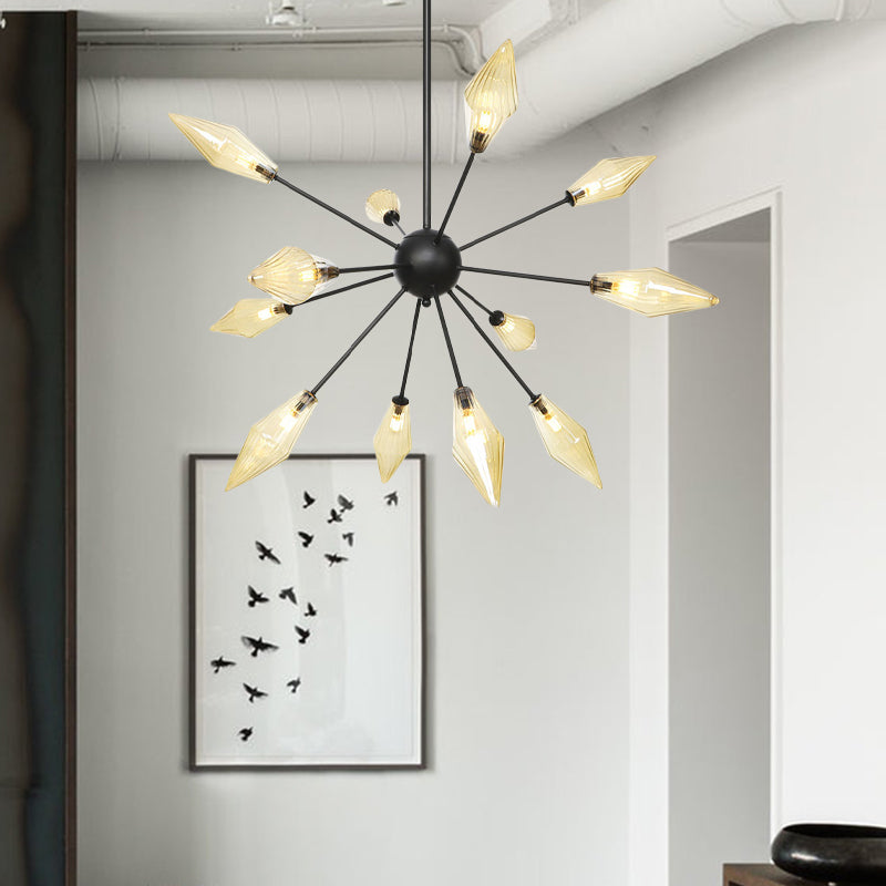 Diamond Shade Chandelier Light Fixture Mid-Century Amber/Clear Ribbed Glass 9/12/15 Lights Living Room Pendant Lighting Clearhalo 'Cast Iron' 'Ceiling Lights' 'Chandeliers' 'Clear' 'Industrial Chandeliers' 'Industrial' 'Metal' 'Middle Century Chandeliers' 'Modern' 'Rustic Chandeliers' 'Tiffany' 'Traditional Chandeliers' Lighting' 282958