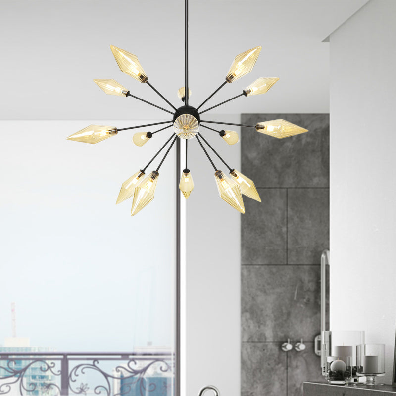 Diamond Shade Chandelier Light Fixture Mid-Century Amber/Clear Ribbed Glass 9/12/15 Lights Living Room Pendant Lighting Clearhalo 'Cast Iron' 'Ceiling Lights' 'Chandeliers' 'Clear' 'Industrial Chandeliers' 'Industrial' 'Metal' 'Middle Century Chandeliers' 'Modern' 'Rustic Chandeliers' 'Tiffany' 'Traditional Chandeliers' Lighting' 282962