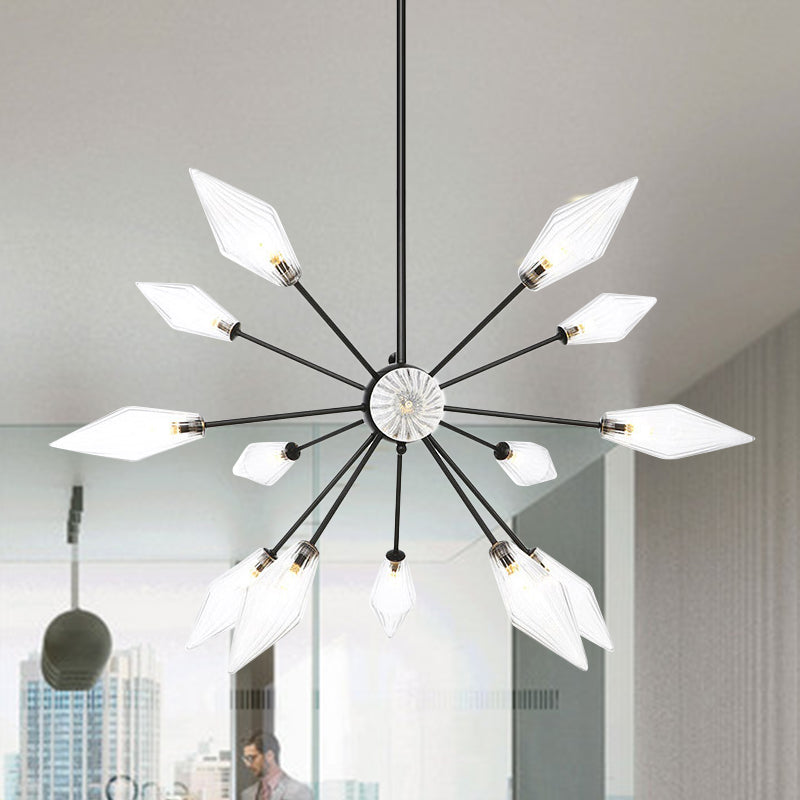 Diamond Shade Chandelier Light Fixture Mid-Century Amber/Clear Ribbed Glass 9/12/15 Lights Living Room Pendant Lighting 15 Clear Clearhalo 'Cast Iron' 'Ceiling Lights' 'Chandeliers' 'Clear' 'Industrial Chandeliers' 'Industrial' 'Metal' 'Middle Century Chandeliers' 'Modern' 'Rustic Chandeliers' 'Tiffany' 'Traditional Chandeliers' Lighting' 282965