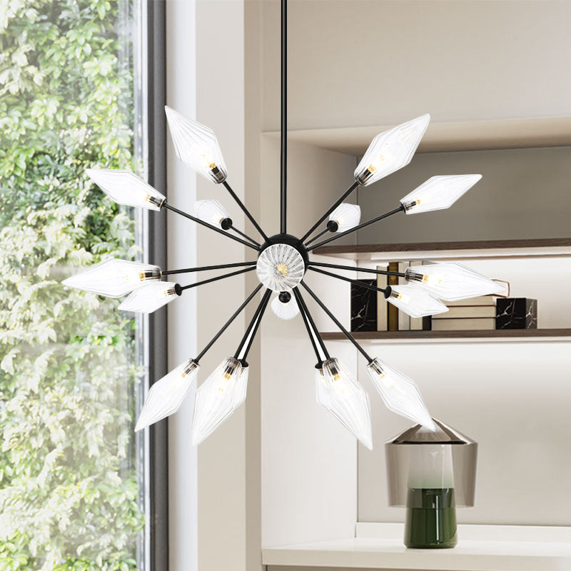 Diamond Shade Chandelier Light Fixture Mid-Century Amber/Clear Ribbed Glass 9/12/15 Lights Living Room Pendant Lighting 18 Clear Clearhalo 'Cast Iron' 'Ceiling Lights' 'Chandeliers' 'Clear' 'Industrial Chandeliers' 'Industrial' 'Metal' 'Middle Century Chandeliers' 'Modern' 'Rustic Chandeliers' 'Tiffany' 'Traditional Chandeliers' Lighting' 282969