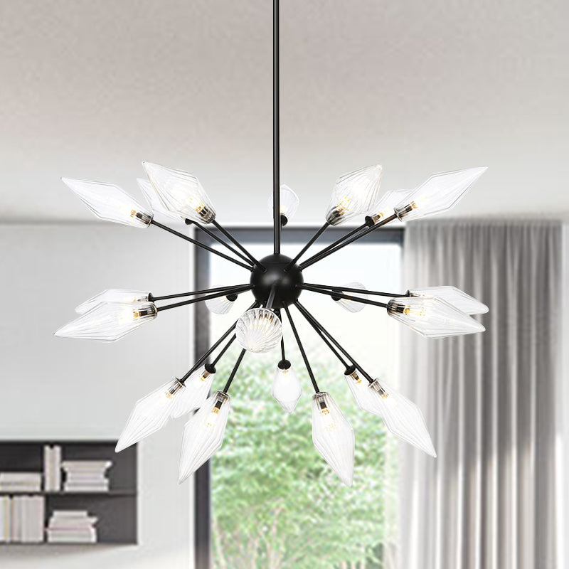 Diamond Shade Chandelier Light Fixture Mid-Century Amber/Clear Ribbed Glass 9/12/15 Lights Living Room Pendant Lighting 21 Clear Clearhalo 'Cast Iron' 'Ceiling Lights' 'Chandeliers' 'Clear' 'Industrial Chandeliers' 'Industrial' 'Metal' 'Middle Century Chandeliers' 'Modern' 'Rustic Chandeliers' 'Tiffany' 'Traditional Chandeliers' Lighting' 282981