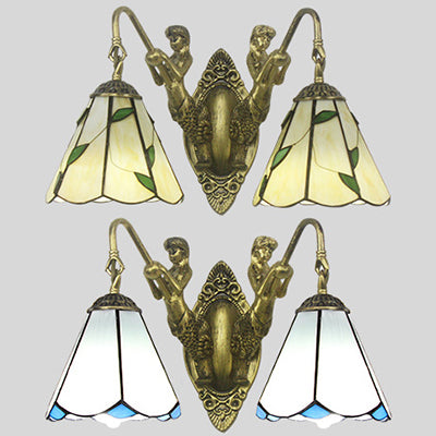 Flared Sconce Light 2 Heads White/Beige Glass Tiffany Wall Mount Lighting with Mermaid Backplate Clearhalo 'Industrial' 'Middle century wall lights' 'Tiffany wall lights' 'Tiffany' 'Wall Lamps & Sconces' 'Wall Lights' Lighting' 28299