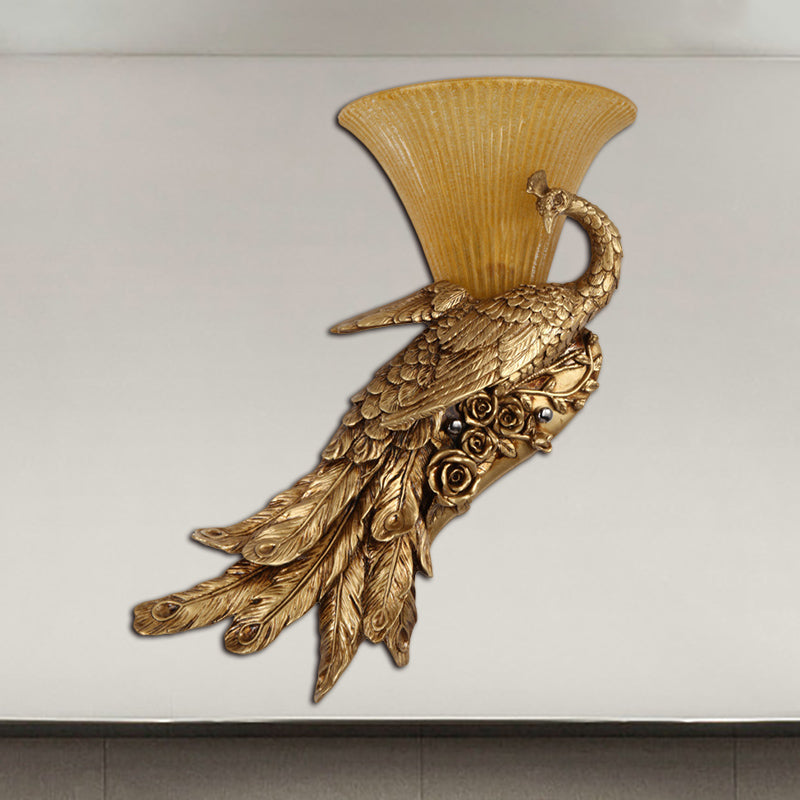 1 Head Sconce Light Fixture Vintage Style Bell Yellow Glass Wall Lamp with Golden Peacock Design, Left/Right Clearhalo 'Wall Lamps & Sconces' 'Wall Lights' Lighting' 283006