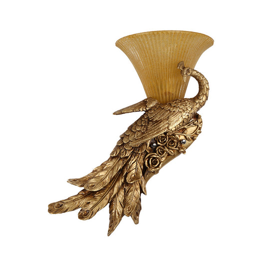 1 Head Sconce Light Fixture Vintage Style Bell Yellow Glass Wall Lamp with Golden Peacock Design, Left/Right Clearhalo 'Wall Lamps & Sconces' 'Wall Lights' Lighting' 283007