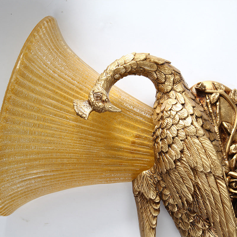 1 Head Sconce Light Fixture Vintage Style Bell Yellow Glass Wall Lamp with Golden Peacock Design, Left/Right Clearhalo 'Wall Lamps & Sconces' 'Wall Lights' Lighting' 283009