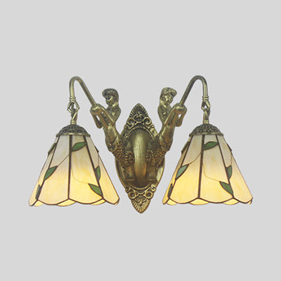 Flared Sconce Light 2 Heads White/Beige Glass Tiffany Wall Mount Lighting with Mermaid Backplate Clearhalo 'Industrial' 'Middle century wall lights' 'Tiffany wall lights' 'Tiffany' 'Wall Lamps & Sconces' 'Wall Lights' Lighting' 28301