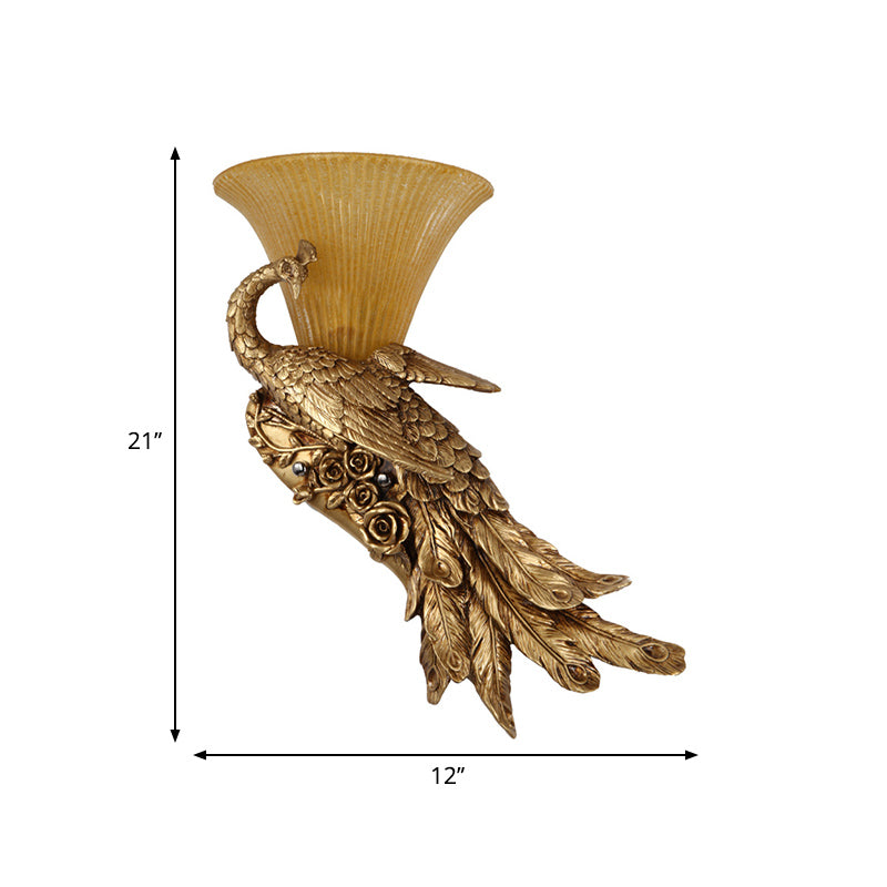 1 Head Sconce Light Fixture Vintage Style Bell Yellow Glass Wall Lamp with Golden Peacock Design, Left/Right Clearhalo 'Wall Lamps & Sconces' 'Wall Lights' Lighting' 283012