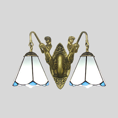 Flared Sconce Light 2 Heads White/Beige Glass Tiffany Wall Mount Lighting with Mermaid Backplate Clearhalo 'Industrial' 'Middle century wall lights' 'Tiffany wall lights' 'Tiffany' 'Wall Lamps & Sconces' 'Wall Lights' Lighting' 28302