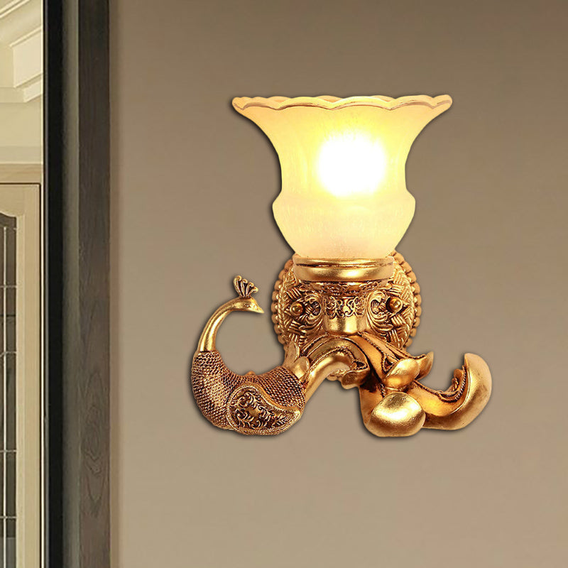 Frosted Glass Petal Wall Sconce Vintage Style 1 Bulb Corridor Wall Lighting Fixture with Gold Peacock Backplate Gold Clearhalo 'Wall Lamps & Sconces' 'Wall Lights' Lighting' 283028