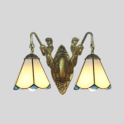 Flared Sconce Light 2 Heads White/Beige Glass Tiffany Wall Mount Lighting with Mermaid Backplate Clearhalo 'Industrial' 'Middle century wall lights' 'Tiffany wall lights' 'Tiffany' 'Wall Lamps & Sconces' 'Wall Lights' Lighting' 28303
