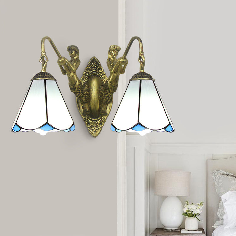 Flared Sconce Light 2 Heads White/Beige Glass Tiffany Wall Mount Lighting with Mermaid Backplate White Clearhalo 'Industrial' 'Middle century wall lights' 'Tiffany wall lights' 'Tiffany' 'Wall Lamps & Sconces' 'Wall Lights' Lighting' 28304