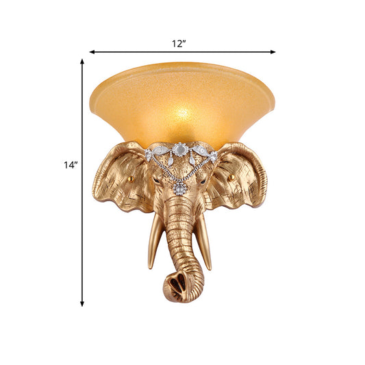 1 Bulb Resin Sconce Lamp Retro Style Golden Elephant Head Bedroom Wall Light with Flared Yellow Glass Shade Clearhalo 'Wall Lamps & Sconces' 'Wall Lights' Lighting' 283050