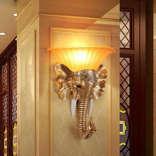 1 Head Wall Mount Lamp Vintage Style Bowl Yellow Glass Sconce Light Fixture with Golden Elephant Design Clearhalo 'Wall Lamps & Sconces' 'Wall Lights' Lighting' 283059