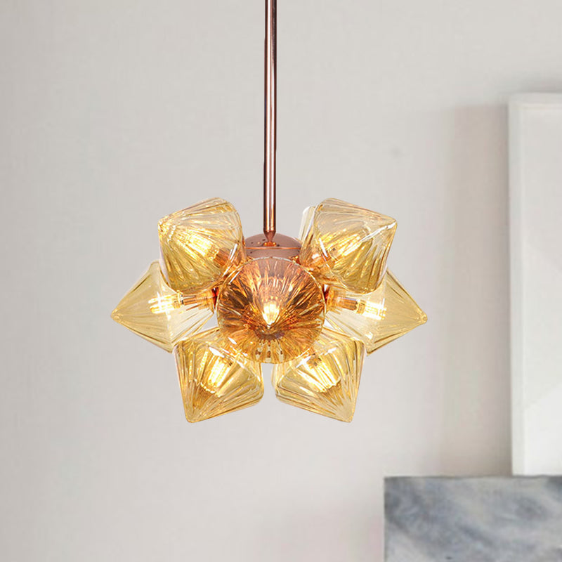 Diamond Amber/Clear Glass Chandelier Lamp Farmhouse Stylish 9/12 Heads Copper/Gold Finish Hanging Lighting Clearhalo 'Cast Iron' 'Ceiling Lights' 'Chandeliers' 'Industrial Chandeliers' 'Industrial' 'Metal' 'Middle Century Chandeliers' 'Rustic Chandeliers' 'Tiffany' Lighting' 283069