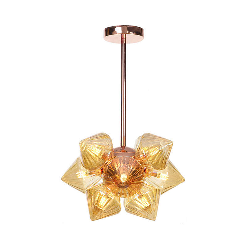 Diamond Amber/Clear Glass Chandelier Lamp Farmhouse Stylish 9/12 Heads Copper/Gold Finish Hanging Lighting Clearhalo 'Cast Iron' 'Ceiling Lights' 'Chandeliers' 'Industrial Chandeliers' 'Industrial' 'Metal' 'Middle Century Chandeliers' 'Rustic Chandeliers' 'Tiffany' Lighting' 283071