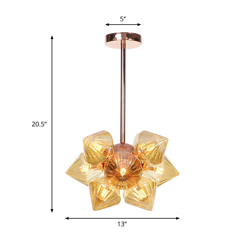 Diamond Amber/Clear Glass Chandelier Lamp Farmhouse Stylish 9/12 Heads Copper/Gold Finish Hanging Lighting Clearhalo 'Cast Iron' 'Ceiling Lights' 'Chandeliers' 'Industrial Chandeliers' 'Industrial' 'Metal' 'Middle Century Chandeliers' 'Rustic Chandeliers' 'Tiffany' Lighting' 283072