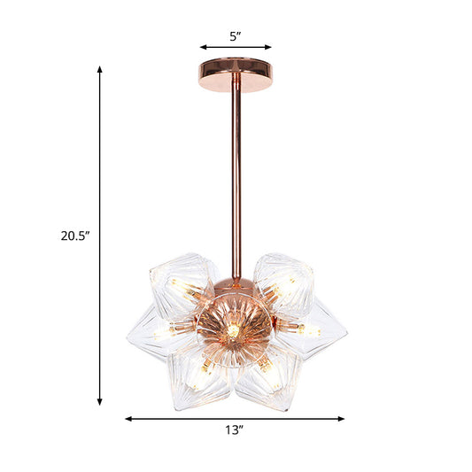 Diamond Amber/Clear Glass Chandelier Lamp Farmhouse Stylish 9/12 Heads Copper/Gold Finish Hanging Lighting Clearhalo 'Cast Iron' 'Ceiling Lights' 'Chandeliers' 'Industrial Chandeliers' 'Industrial' 'Metal' 'Middle Century Chandeliers' 'Rustic Chandeliers' 'Tiffany' Lighting' 283076