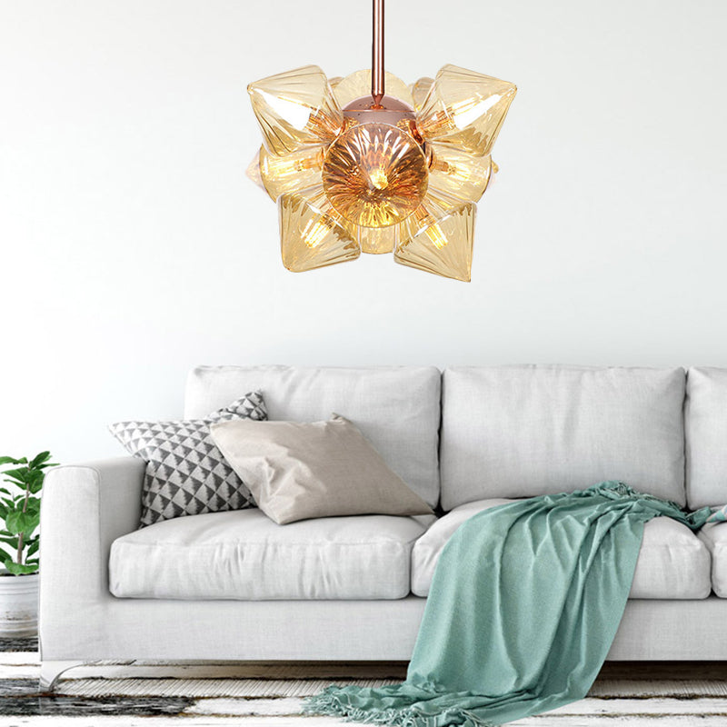 Diamond Amber/Clear Glass Chandelier Lamp Farmhouse Stylish 9/12 Heads Copper/Gold Finish Hanging Lighting Clearhalo 'Cast Iron' 'Ceiling Lights' 'Chandeliers' 'Industrial Chandeliers' 'Industrial' 'Metal' 'Middle Century Chandeliers' 'Rustic Chandeliers' 'Tiffany' Lighting' 283078