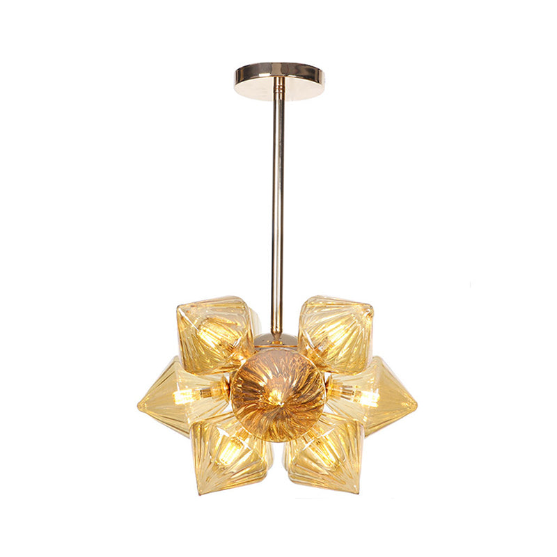 Diamond Amber/Clear Glass Chandelier Lamp Farmhouse Stylish 9/12 Heads Copper/Gold Finish Hanging Lighting Clearhalo 'Cast Iron' 'Ceiling Lights' 'Chandeliers' 'Industrial Chandeliers' 'Industrial' 'Metal' 'Middle Century Chandeliers' 'Rustic Chandeliers' 'Tiffany' Lighting' 283087