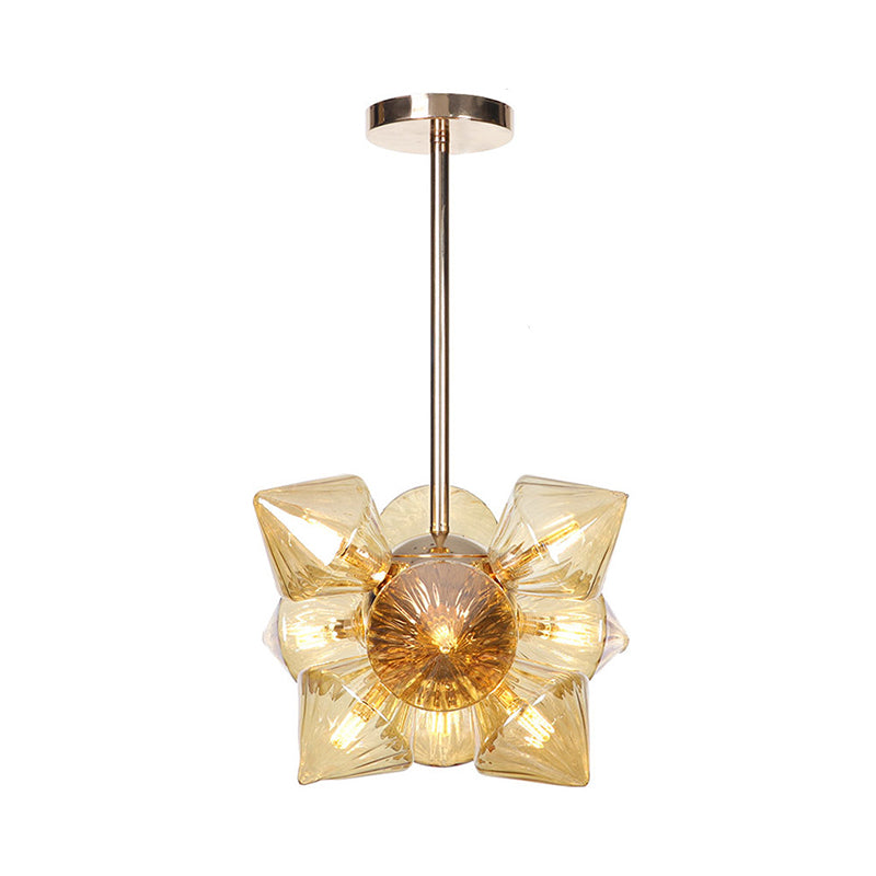 Diamond Amber/Clear Glass Chandelier Lamp Farmhouse Stylish 9/12 Heads Copper/Gold Finish Hanging Lighting Clearhalo 'Cast Iron' 'Ceiling Lights' 'Chandeliers' 'Industrial Chandeliers' 'Industrial' 'Metal' 'Middle Century Chandeliers' 'Rustic Chandeliers' 'Tiffany' Lighting' 283095