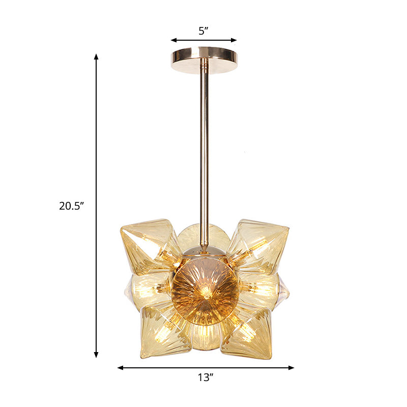 Diamond Amber/Clear Glass Chandelier Lamp Farmhouse Stylish 9/12 Heads Copper/Gold Finish Hanging Lighting Clearhalo 'Cast Iron' 'Ceiling Lights' 'Chandeliers' 'Industrial Chandeliers' 'Industrial' 'Metal' 'Middle Century Chandeliers' 'Rustic Chandeliers' 'Tiffany' Lighting' 283096