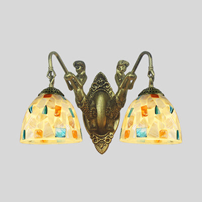Shell Mosaic Wall Mount Light Tiffany 2 Heads Beige/White-Yellow/Yellow-Blue Sconce Light Fixture with Mermaid Decoration Yellow-Blue Clearhalo 'Industrial' 'Middle century wall lights' 'Tiffany wall lights' 'Tiffany' 'Wall Lamps & Sconces' 'Wall Lights' Lighting' 28312