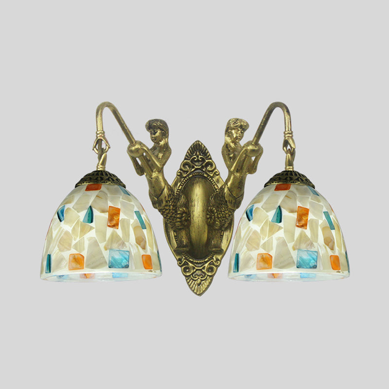 Shell Mosaic Wall Mount Light Tiffany 2 Heads Beige/White-Yellow/Yellow-Blue Sconce Light Fixture with Mermaid Decoration Clearhalo 'Industrial' 'Middle century wall lights' 'Tiffany wall lights' 'Tiffany' 'Wall Lamps & Sconces' 'Wall Lights' Lighting' 28313