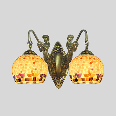 Shell Mosaic Wall Mount Light Tiffany 2 Heads Beige/White-Yellow/Yellow-Blue Sconce Light Fixture with Mermaid Decoration White-Yellow Clearhalo 'Industrial' 'Middle century wall lights' 'Tiffany wall lights' 'Tiffany' 'Wall Lamps & Sconces' 'Wall Lights' Lighting' 28314