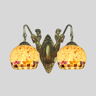 Shell Mosaic Wall Mount Light Tiffany 2 Heads Beige/White-Yellow/Yellow-Blue Sconce Light Fixture with Mermaid Decoration White-Yellow Clearhalo 'Industrial' 'Middle century wall lights' 'Tiffany wall lights' 'Tiffany' 'Wall Lamps & Sconces' 'Wall Lights' Lighting' 28314