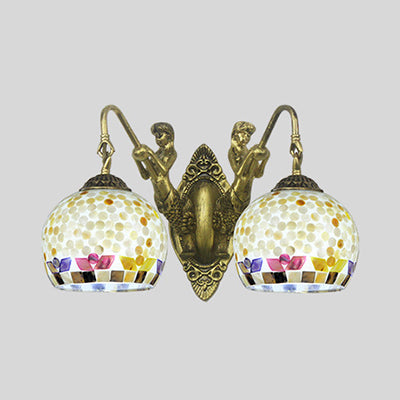 Shell Mosaic Wall Mount Light Tiffany 2 Heads Beige/White-Yellow/Yellow-Blue Sconce Light Fixture with Mermaid Decoration Clearhalo 'Industrial' 'Middle century wall lights' 'Tiffany wall lights' 'Tiffany' 'Wall Lamps & Sconces' 'Wall Lights' Lighting' 28315
