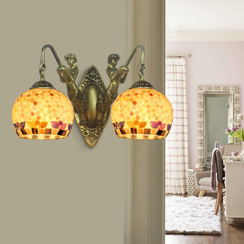 Shell Mosaic Wall Mount Light Tiffany 2 Heads Beige/White-Yellow/Yellow-Blue Sconce Light Fixture with Mermaid Decoration Clearhalo 'Industrial' 'Middle century wall lights' 'Tiffany wall lights' 'Tiffany' 'Wall Lamps & Sconces' 'Wall Lights' Lighting' 28316