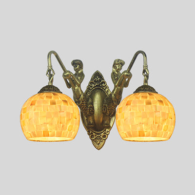 Shell Mosaic Wall Mount Light Tiffany 2 Heads Beige/White-Yellow/Yellow-Blue Sconce Light Fixture with Mermaid Decoration Beige Clearhalo 'Industrial' 'Middle century wall lights' 'Tiffany wall lights' 'Tiffany' 'Wall Lamps & Sconces' 'Wall Lights' Lighting' 28317