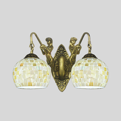 Shell Mosaic Wall Mount Light Tiffany 2 Heads Beige/White-Yellow/Yellow-Blue Sconce Light Fixture with Mermaid Decoration Clearhalo 'Industrial' 'Middle century wall lights' 'Tiffany wall lights' 'Tiffany' 'Wall Lamps & Sconces' 'Wall Lights' Lighting' 28318